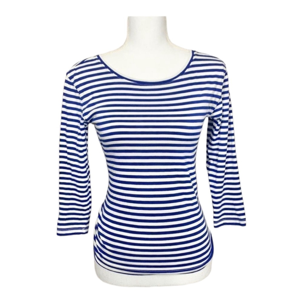 J. Crew Blue & White Striped 3/4 Sleeve Tee With Back Twist Size XXS